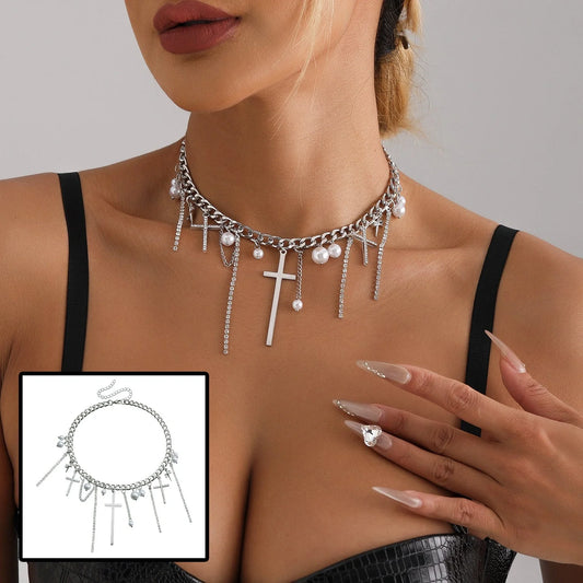 Cross Tassel Pearl Collarbone Chain Necklace with alloy pendant