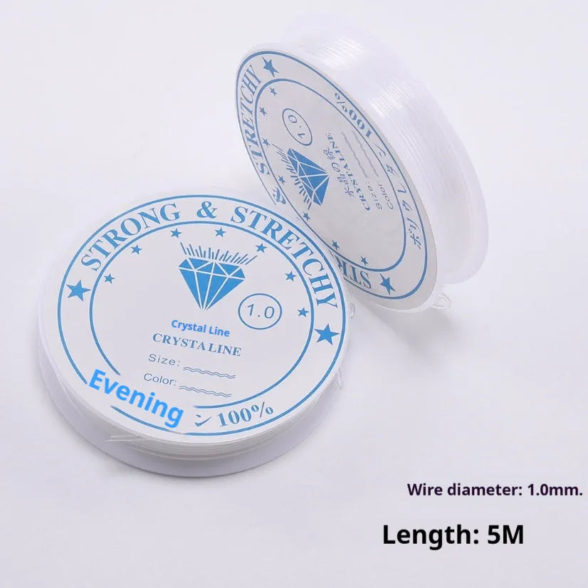 Transparent white elastic cord on spool for DIY jewellery making with diameter options from 0.4mm to 1.0mm