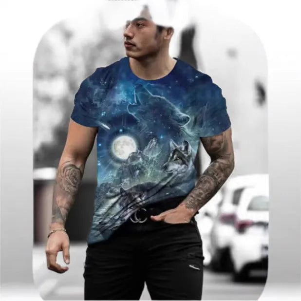 Retro-style men's short-sleeved T-shirt featuring a vibrant 3D animal graphic print on lightweight fabric.