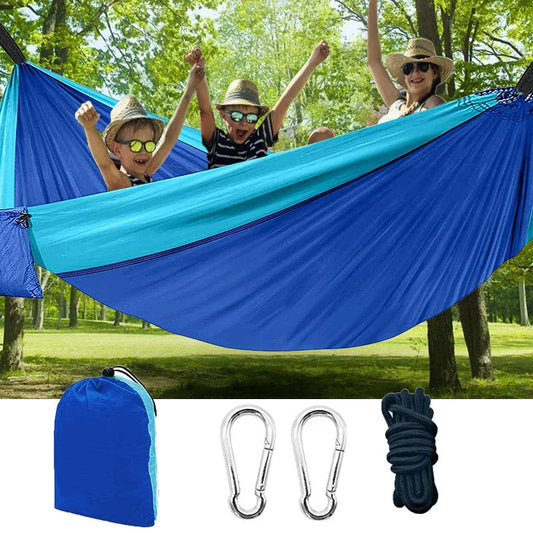 Premium double hammock made with soft, breathable fabric and reinforced ropes for outdoor use