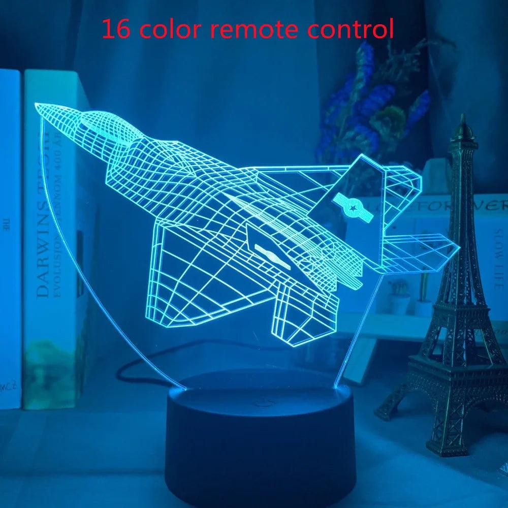 Custom 3D aeroplane hologram night light with personalised name, showing optical acrylic panel and ABS base