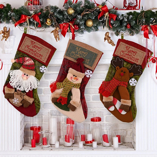 Premium Christmas stocking with 3D appliques of snowman, Santa, and reindeer for festive holiday decor
