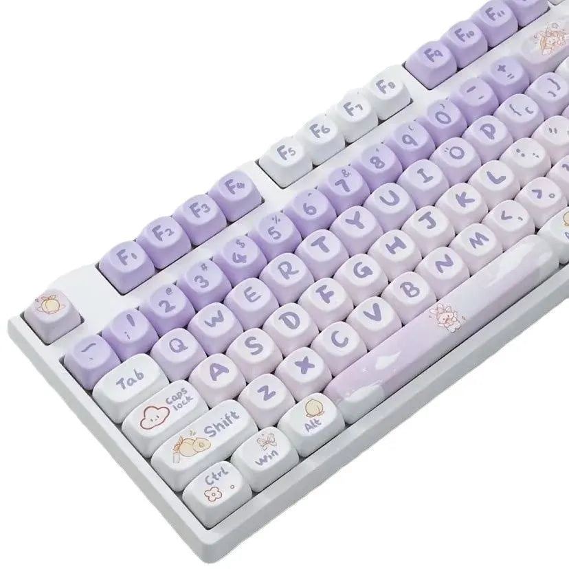 Full set of purple gradient keycaps with white rabbit illustration for mechanical keyboards