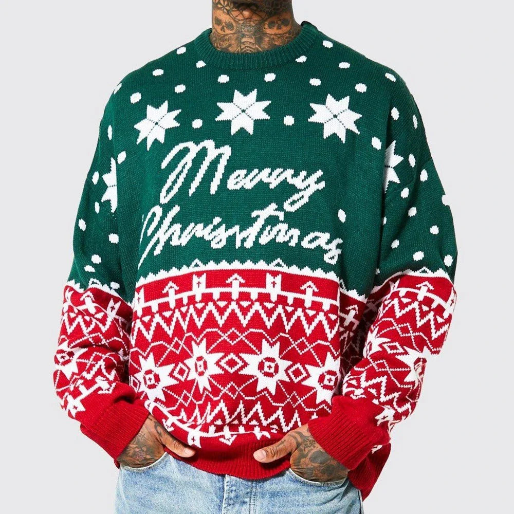 Cozy knit pullover sweater in green and white colors, featuring a relaxed, loose-fitting silhouette and premium jacquard texture.