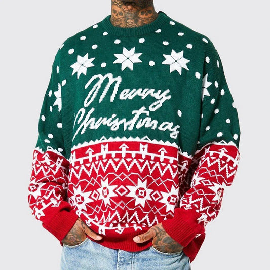 Cozy knit pullover sweater in green and white colors, featuring a relaxed, loose-fitting silhouette and premium jacquard texture.