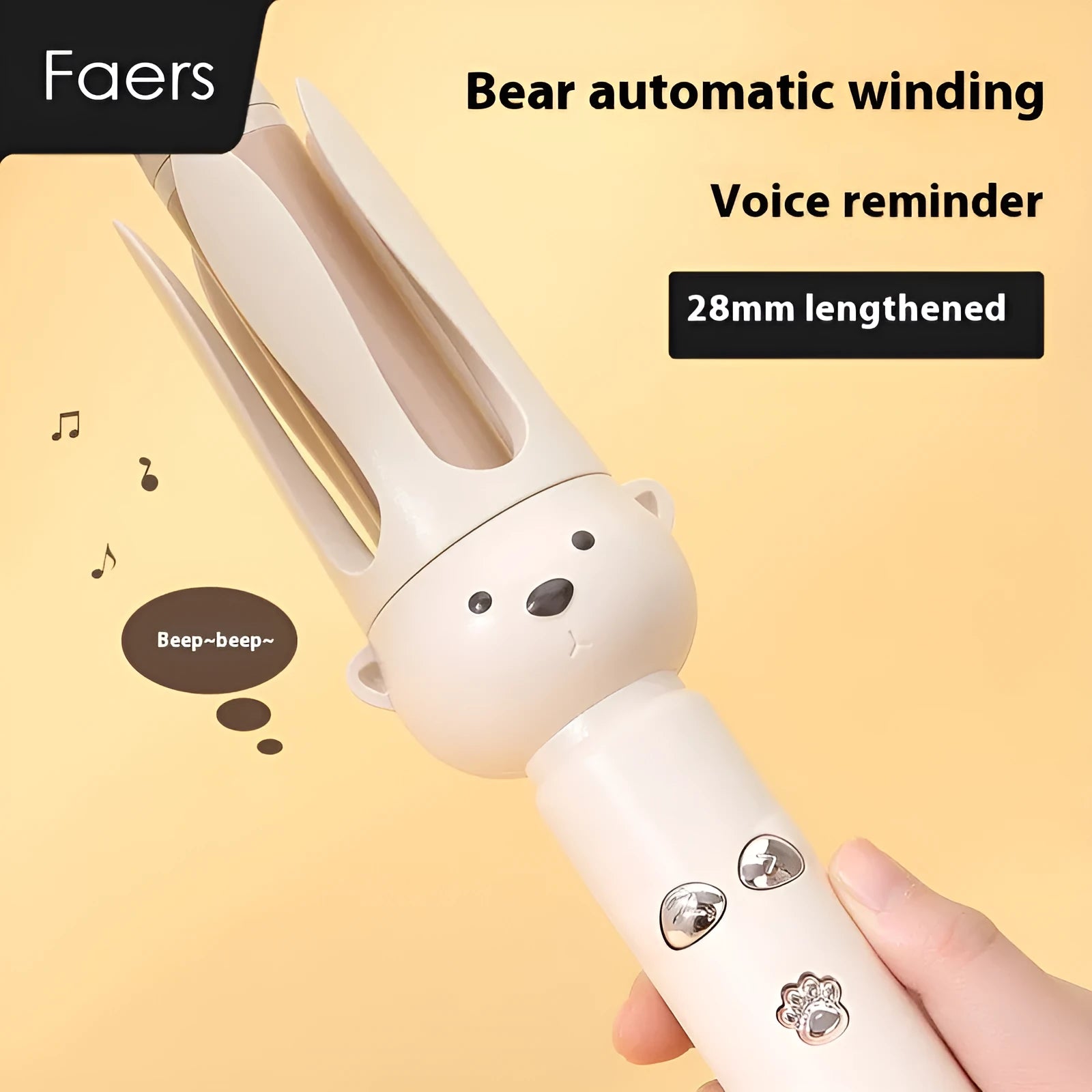Beige automatic hair curler machine with negative ion technology and included styling stick on a table.