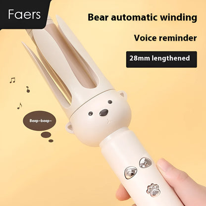 Beige automatic hair curler machine with negative ion technology and included styling stick on a table.