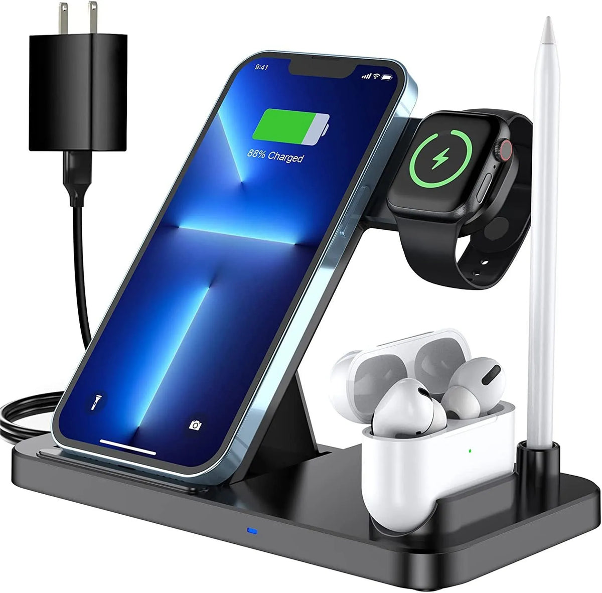 Black four-in-one wireless phone charger with QC3.0 charging head