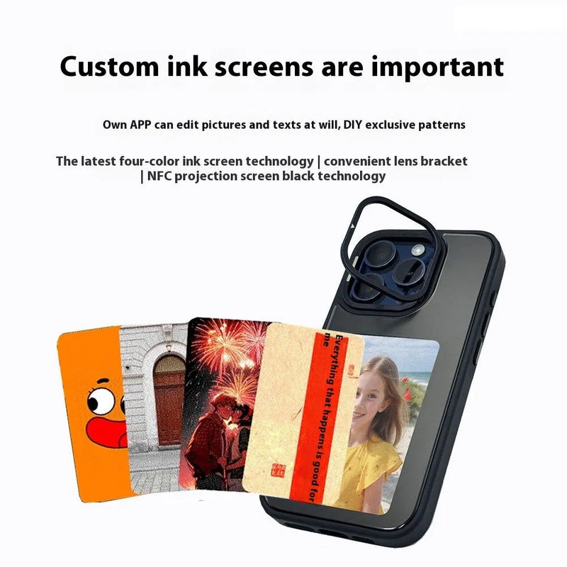 NFC Projection Screen E-ink Phone Case with Four Colour Options and Integrated Bracket for iPhone 13, 14, 15, 16 Pro Max and Pro Models in Graphite Black, Cangling Green, Girl Pink Anti-Wear TPU