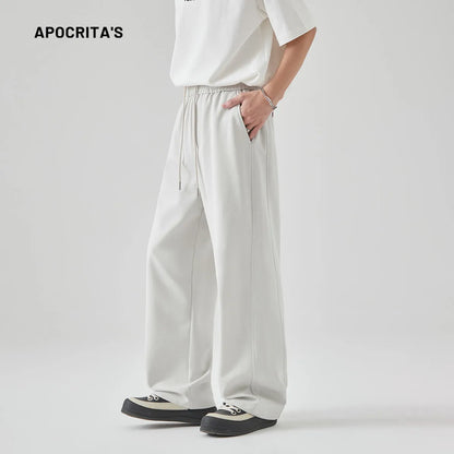 Men's cotton blend casual trousers in grey with straight loose fit and lace-up waist