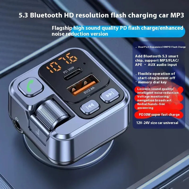 Car Bluetooth MP3 player receiver with FM transmitter and dual USB charging ports for vehicles
