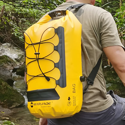 Yellow and black 20-litre PVC waterproof camping backpack with dry wet separation compartments.