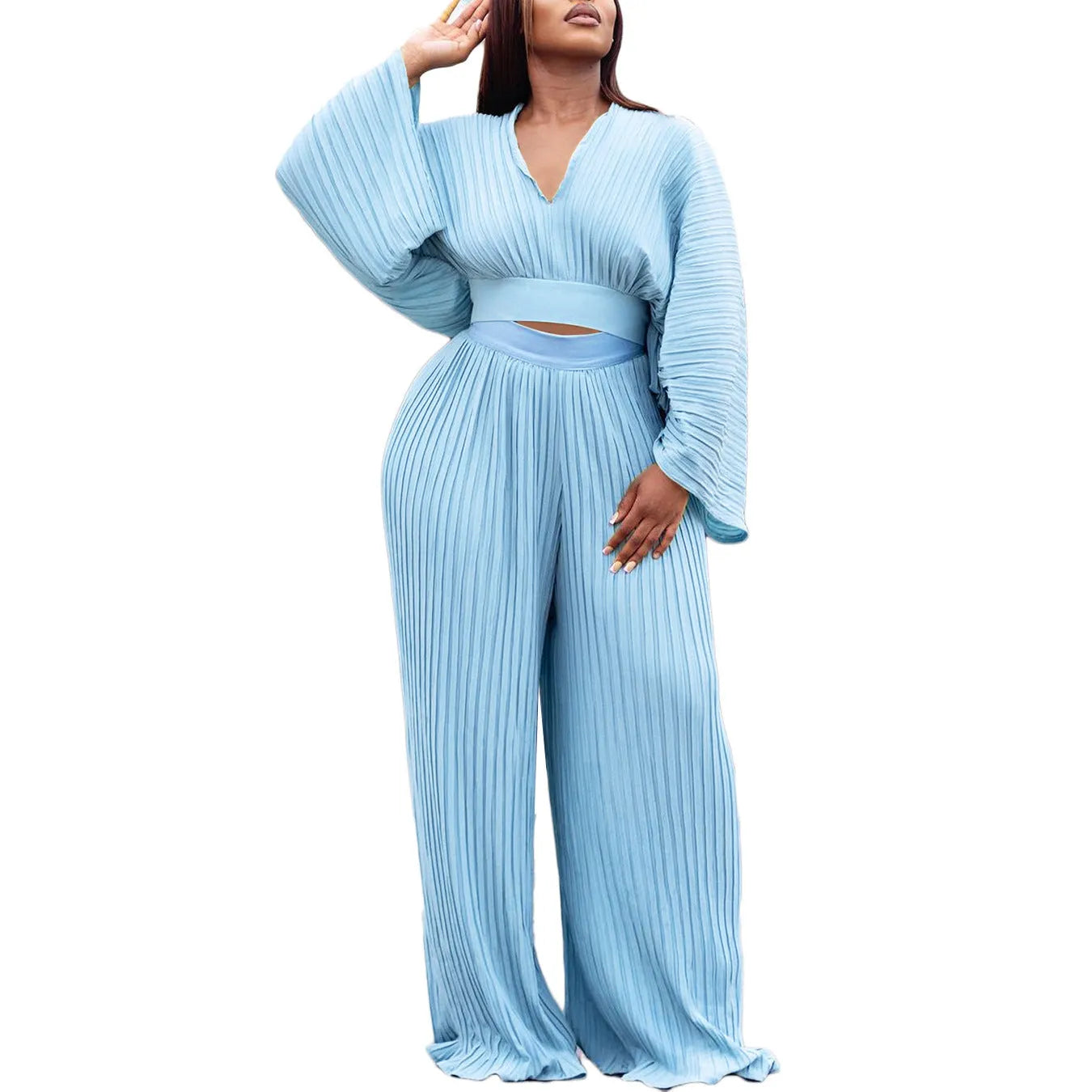 African suit two-piece set with batwing sleeve top and wide leg trousers in sapphire blue