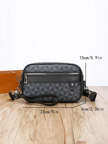 Men's casual geometric pattern messenger bag in PU leather with large capacity.
