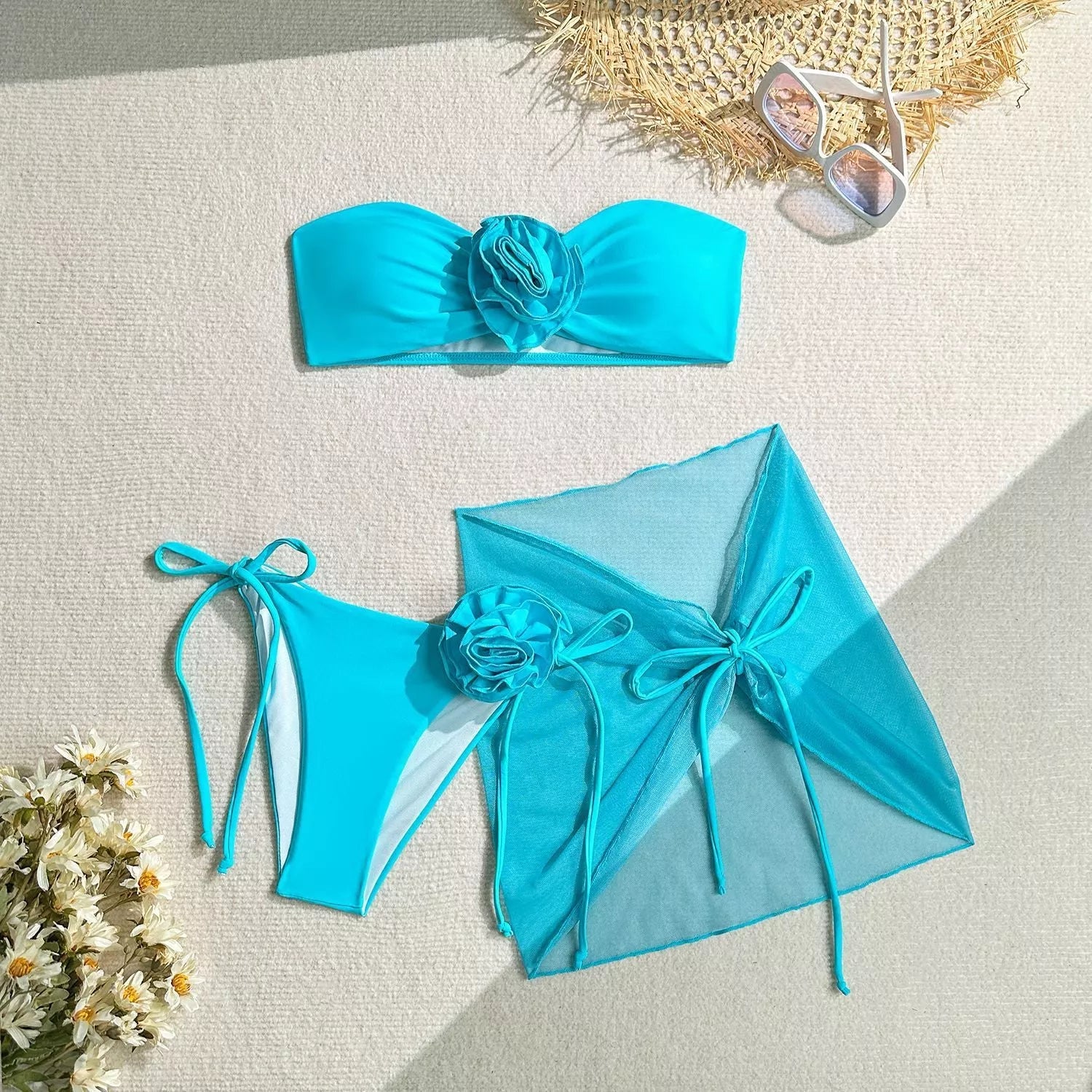 Women's floral tube top swimsuit with three-dimensional big flower design