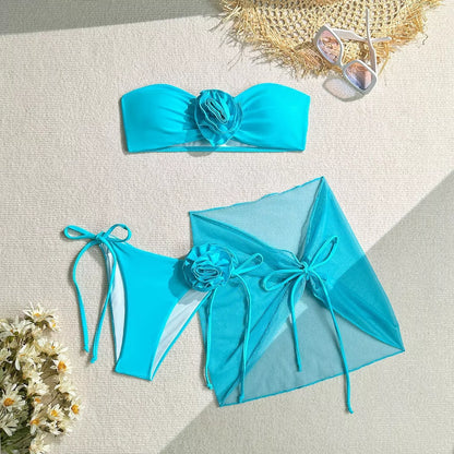 Women's floral tube top swimsuit with three-dimensional big flower design