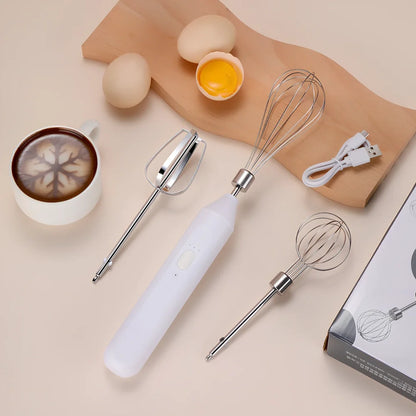 Black handheld electric egg beater with stainless steel beaters and 3-speed control buttons