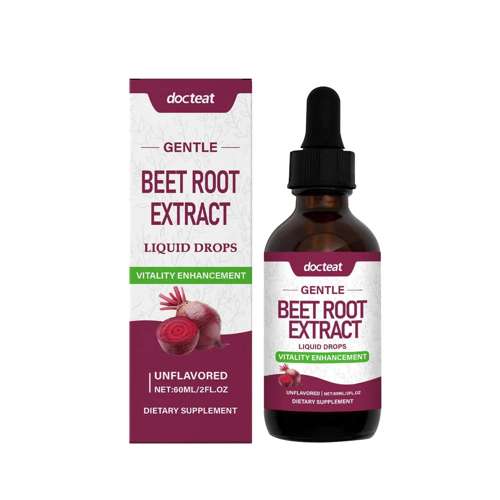 60ml Beetroot Drops bottle containing beetroot powder supplement in liquid formulation