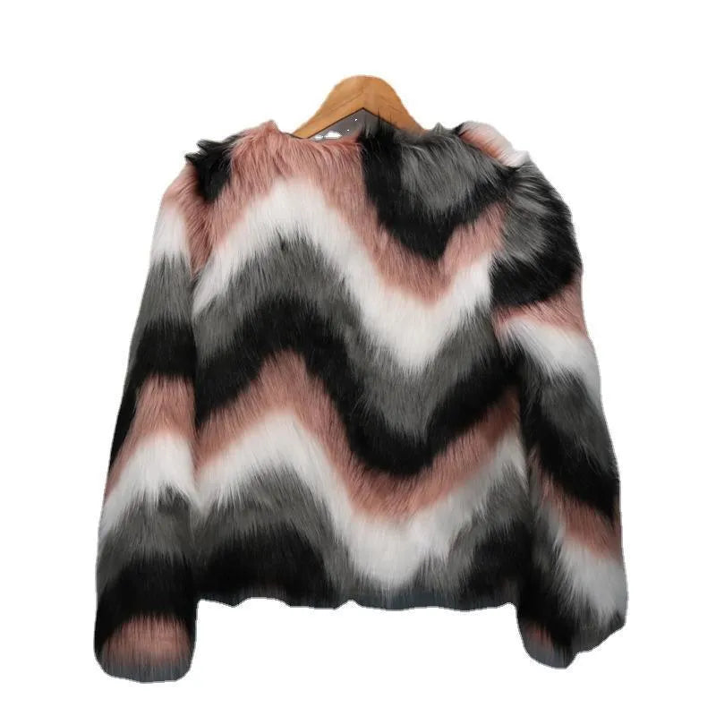 Korean style faux fur short coat with O-neck and long sleeves in picture colour