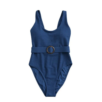 Navy blue women's one-piece swimsuit with slimming triangle design and chest pad for swimming