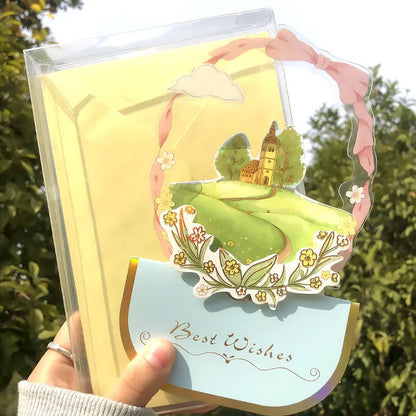 Handmade 3D butterfly greeting card with stand-up artificial flowers on coated paper, 16x10.5cm