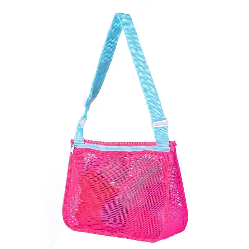 Blue children's drawstring travel storage bag made of nylon mesh for organising toys and clothes.