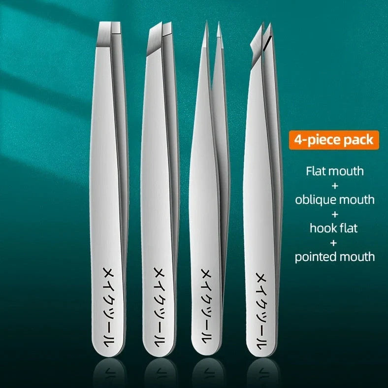 Four stainless steel tweezers arranged together showing 9.5cm length and precision tips