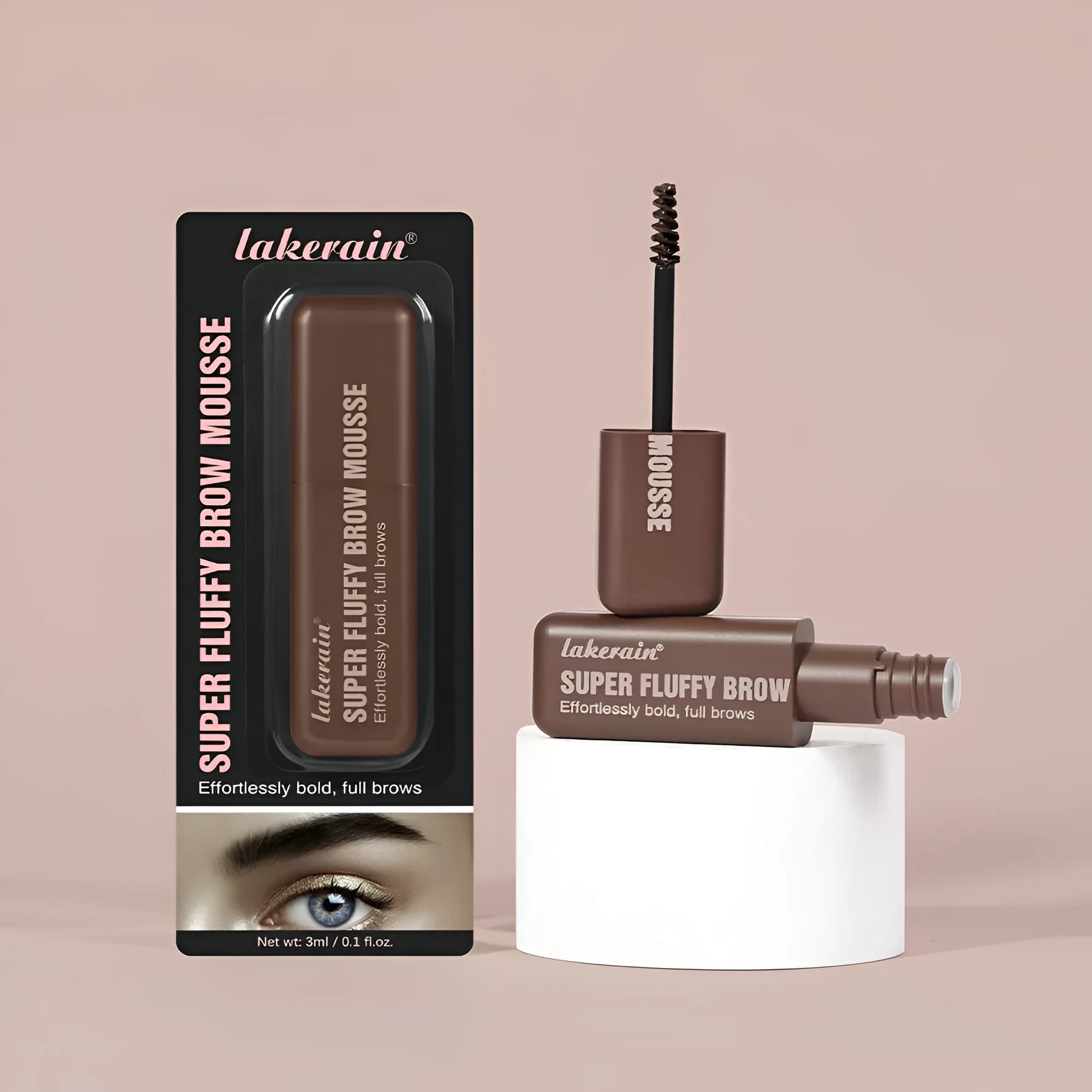 Eyebrow cream mousse in packaging with six shade options for long-lasting, three-dimensional brow definition.