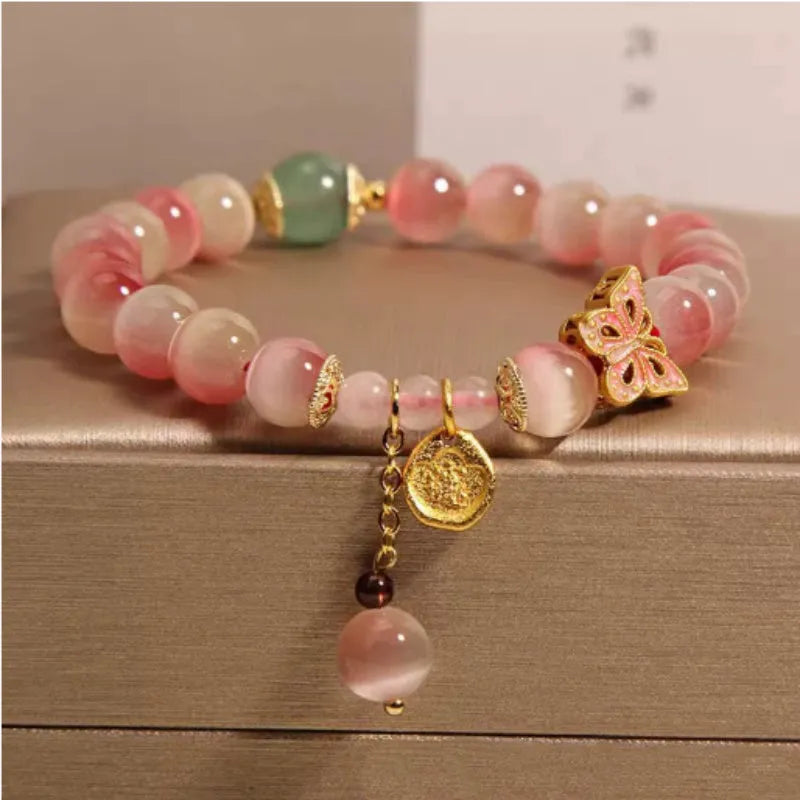 Pink opal butterfly women's bracelet with Chinese style design and electroplated finish
