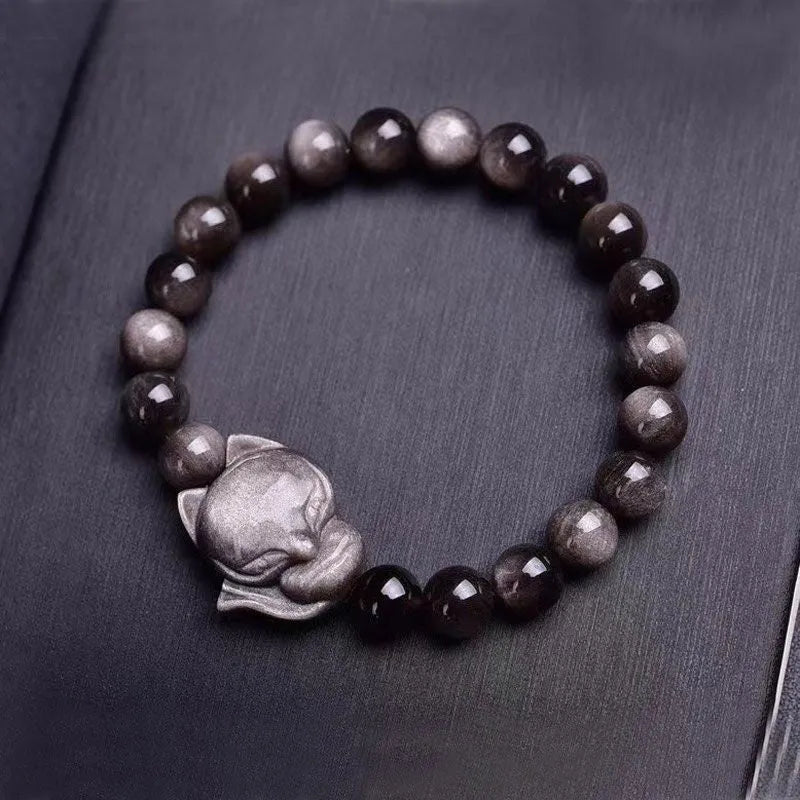 Obsidian bracelet with 8mm beads and single fox charm in Obsidian Fox colour