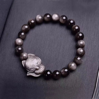 Obsidian bracelet with 8mm beads and single fox charm in Obsidian Fox colour