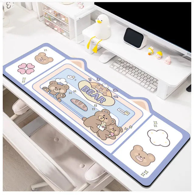 Oversized mouse pad on desk showing natural rubber base and solid colour design in available sizes from 20x26cm to 50x100cm