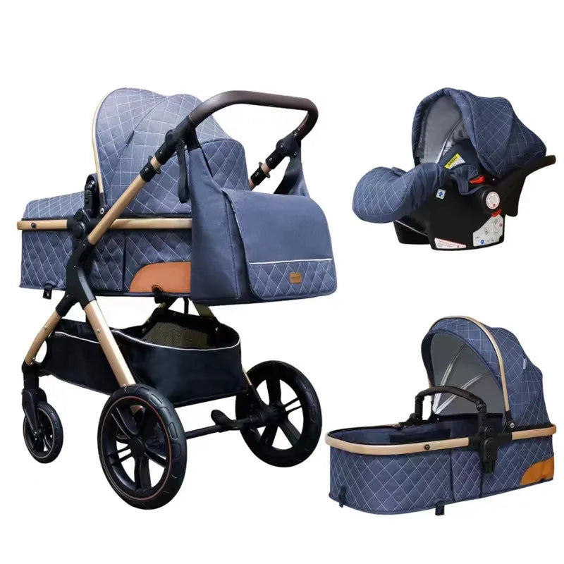 Lightweight folding multi-function baby cart with iron pipe frame, high landscape seat, 15kg load, in khaki or grey