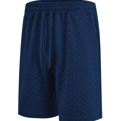 Men's loose jacquard drawstring casual beach pants in polyester, shorts length, available in seven colours and sizes S to 3XL