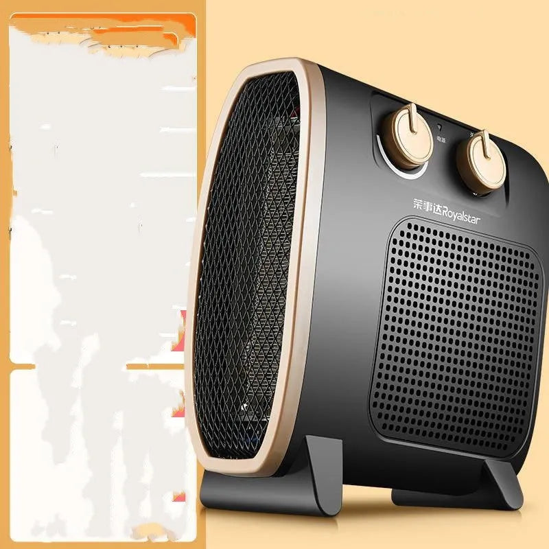 White electric heater fan with mechanical dial controls on a wooden floor.