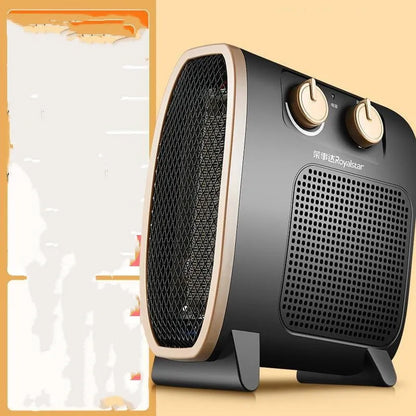 White electric heater fan with mechanical dial controls on a wooden floor.