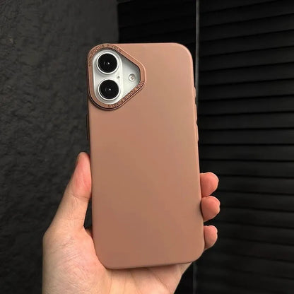 Ultra-thin frosted phone case with metal buttons and large metal hole in black for iPhone 14