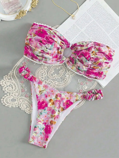 Floral lace detail European style bikini set in polyester fibre with tube top design