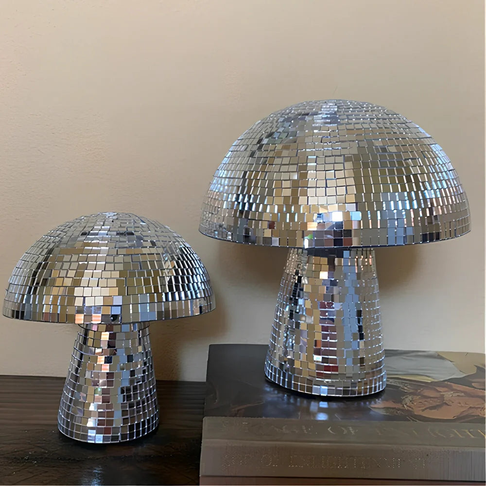 Handmade mirror glass mushroom ornament with geometric brick pattern in silver, gold, or rose gold