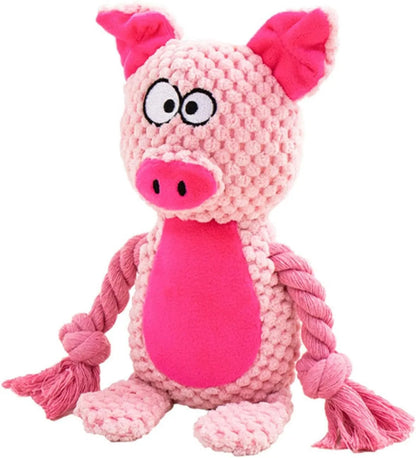 Stuffed animal dog plush toy with cotton rope, shown in elephant, fox, monkey, pig, or rabbit shapes.