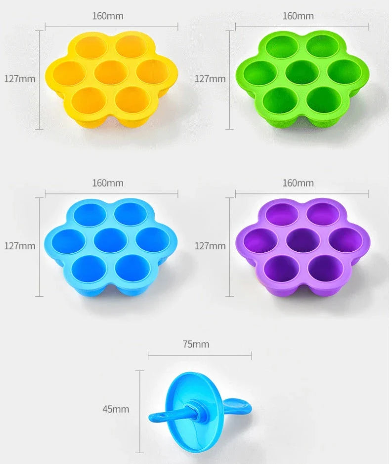 Silicone popsicle mold with 7 cavities in various colors, perfect for making homemade ice cream and frozen treats