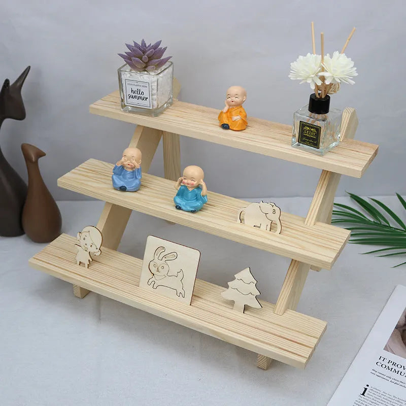 Multi-layer wooden stepped shelf in natural wood or walnut colour, shown in 2 to 5 tier floor-standing versions