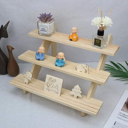 Multi-layer wooden stepped shelf in natural wood or walnut colour, shown in 2 to 5 tier floor-standing versions