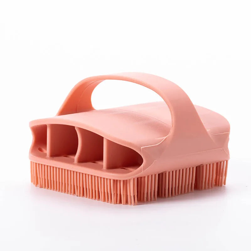 Silicone scalp massager shampoo brush with long bristles and ergonomic handle in assorted colours.