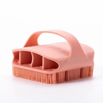 Silicone scalp massager shampoo brush with long bristles and ergonomic handle in assorted colours.