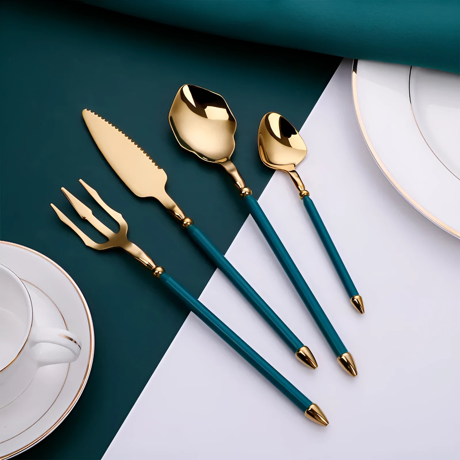 Stainless steel knife, fork, and two spoons set in a choice of seven metallic colour finishes.