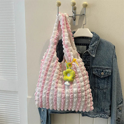 Pleated bubble shoulder bag in square vertical design with pendant accessory in various colour options