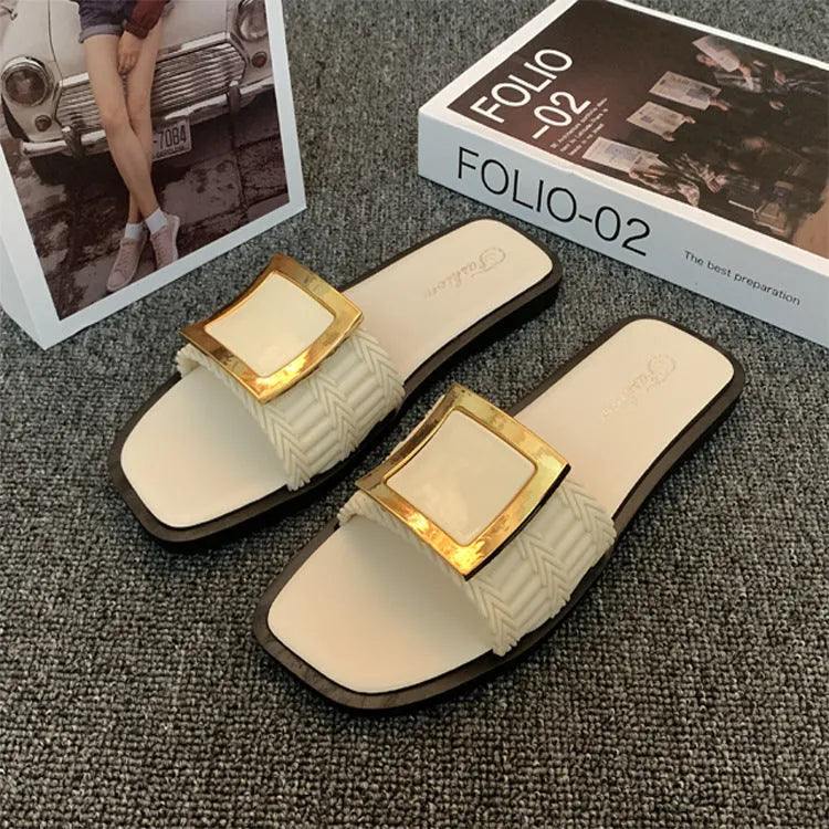 Women's summer flat slippers with PVC sole in apricot, black or khaki colours