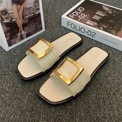 Women's summer flat slippers with PVC sole in apricot, black or khaki colours