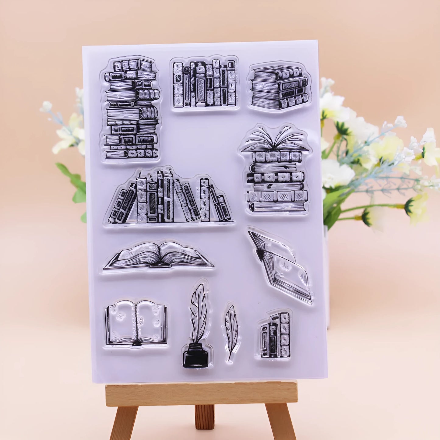 Transparent silicone stamp with self-adhesive backing measuring 11cm by 16cm for craft projects